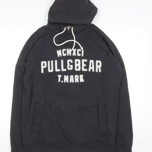 PULL&BEAR Men’s Black Pullover Hoodie L Logo Graphic Sweatshirt