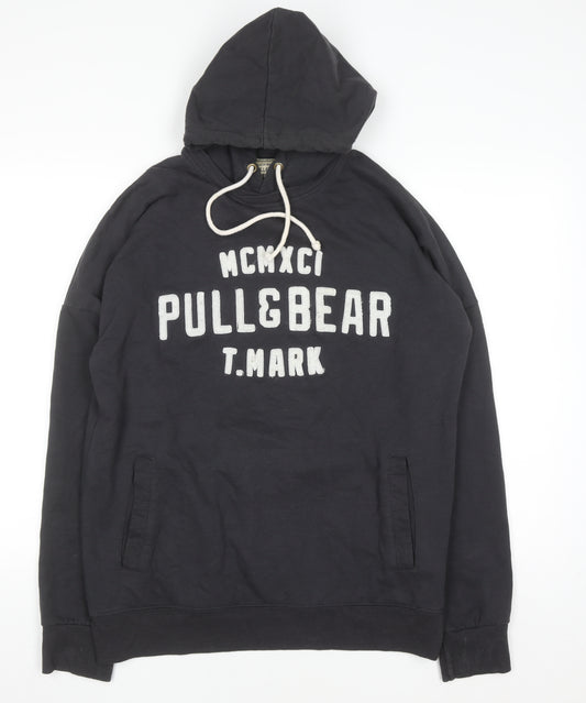 PULL&BEAR Men’s Black Pullover Hoodie L Logo Graphic Sweatshirt