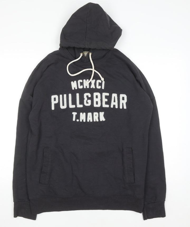 PULL&BEAR Men’s Black Pullover Hoodie L Logo Graphic Sweatshirt
