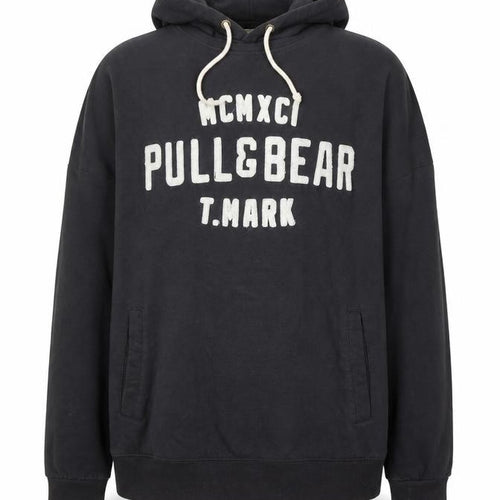 Pull&Bear Men’s Black Pullover Hoodie L Logo Graphic Sweatshirt