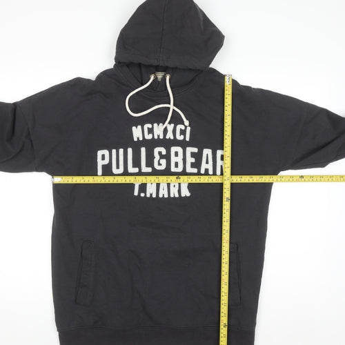 PULL&BEAR Men’s Black Pullover Hoodie L Logo Graphic Sweatshirt