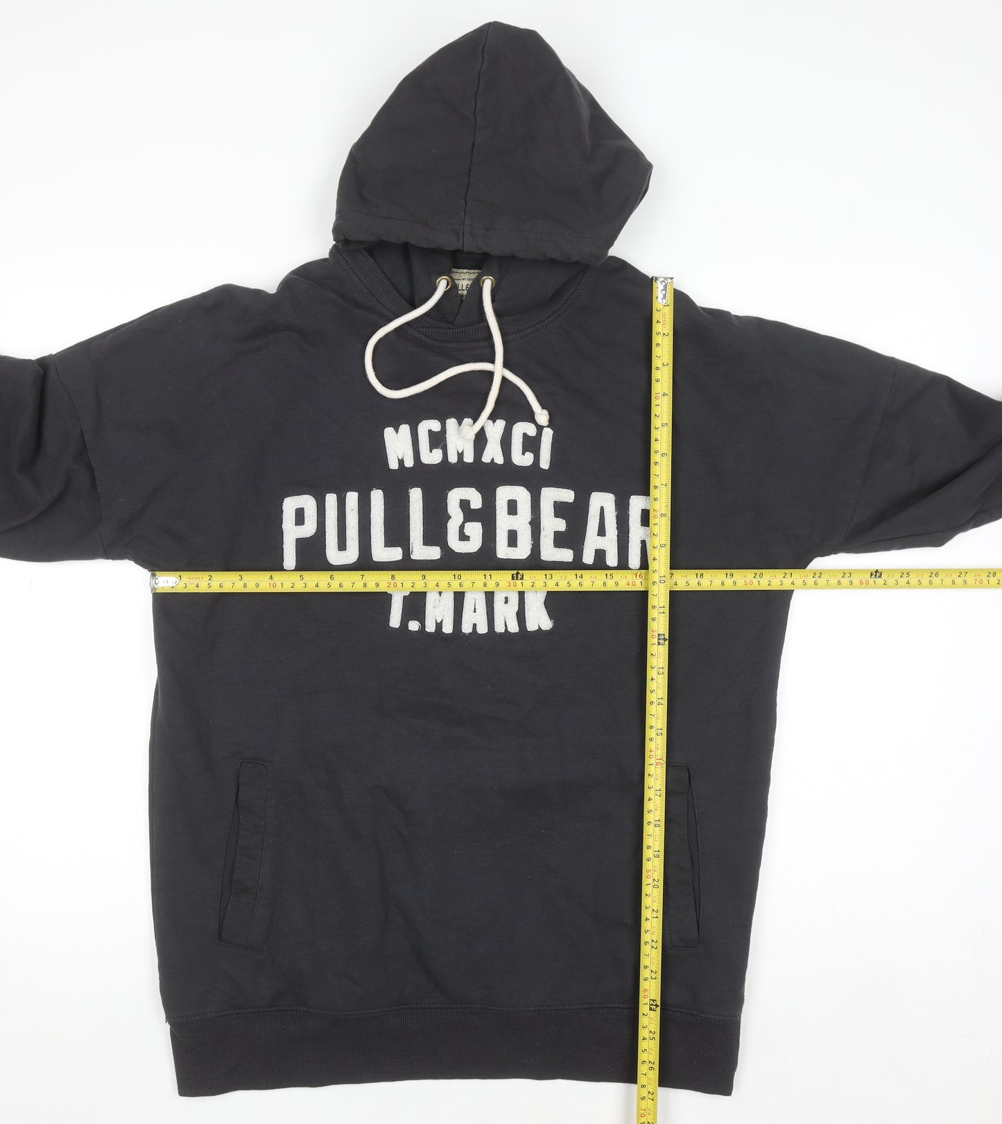 PULL&BEAR Men’s Black Pullover Hoodie L Logo Graphic Sweatshirt