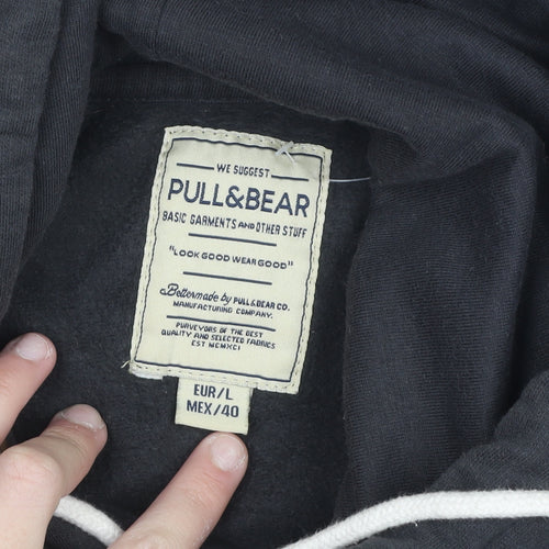 PULL&BEAR Men’s Black Pullover Hoodie L Logo Graphic Sweatshirt