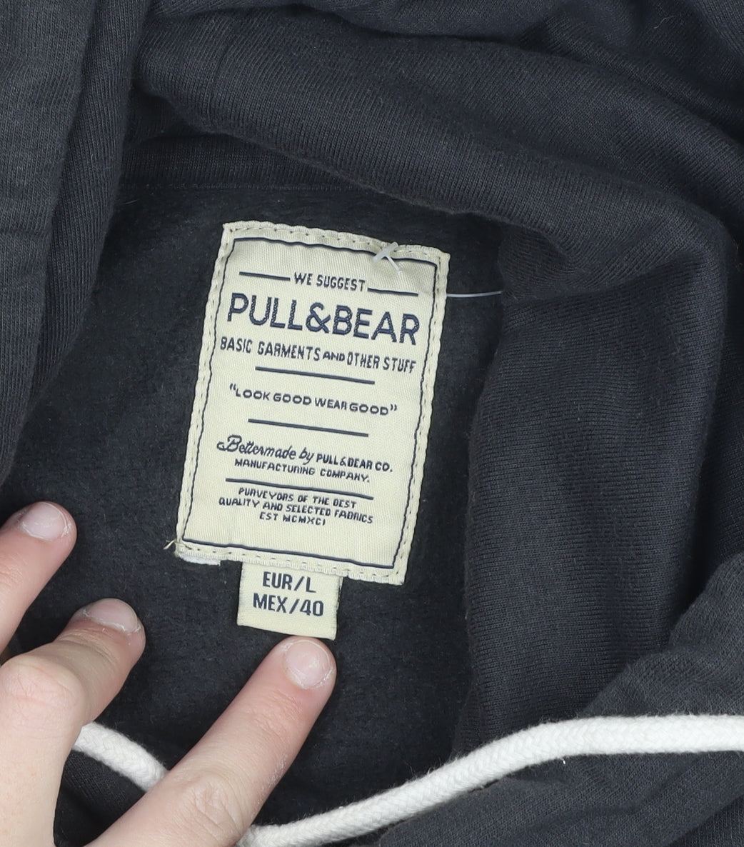 PULL&BEAR Men’s Black Pullover Hoodie L Logo Graphic Sweatshirt