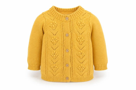 Front view of So Cute unisex baby yellow knit cotton button cardigan 12-18 months
