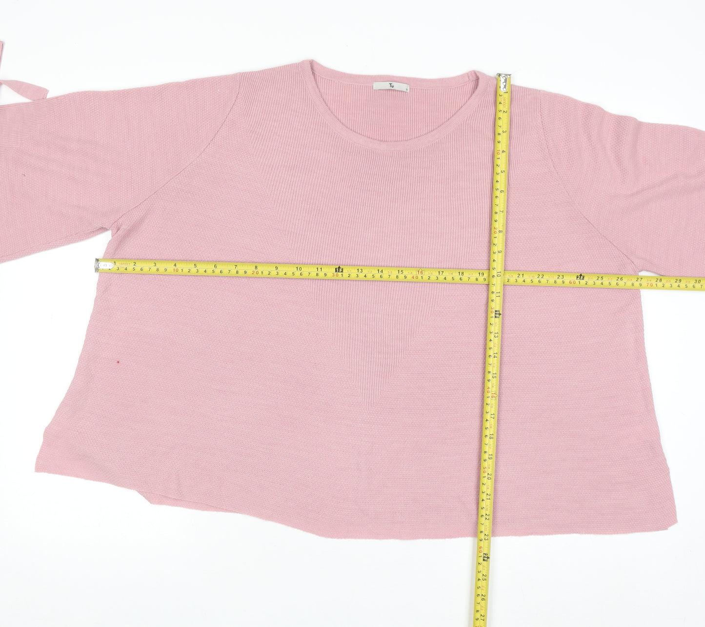 Tu Women Pink Acrylic Crew Neck 3/4 Sleeve Bow Jumper Size 16
