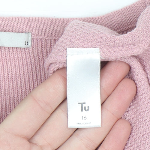 Tu Women Pink Acrylic Crew Neck 3/4 Sleeve Bow Jumper Size 16
