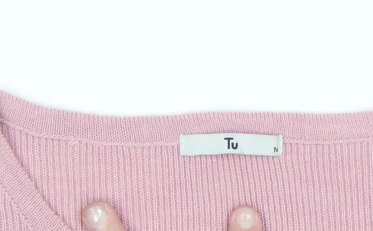Tu Women Pink Acrylic Crew Neck 3/4 Sleeve Bow Jumper Size 16