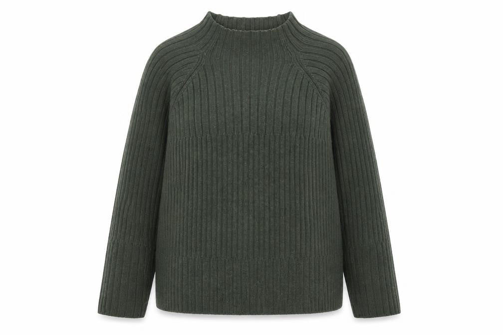 Front view of Emreco women’s green wool blend high neck ribbed jumper, size UK 12