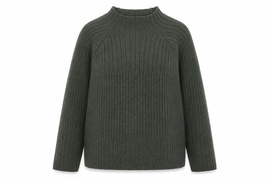 Front view of Emreco women’s green wool blend high neck ribbed jumper, size UK 12