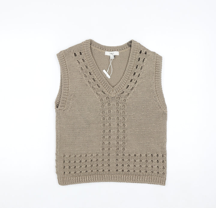 Marks and Spencer Men’s Beige Knit Sleeveless V-Neck Vest Jumper M