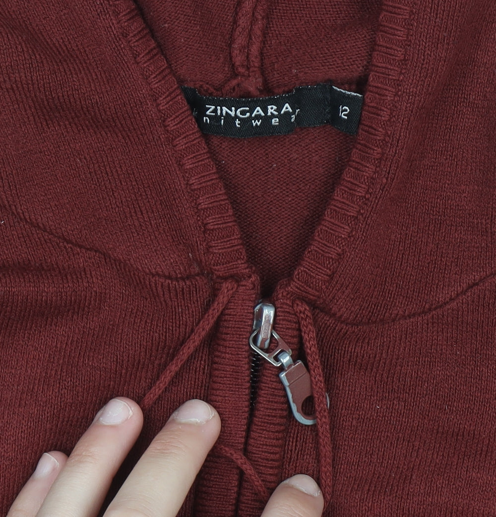 Zingara Womens Burgundy Full Zip Hooded Knit Hoodie Size 12