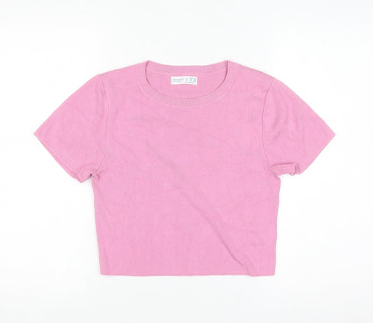 Primark Women Pink Short Sleeve Crew Neck Knit Pullover Jumper Size L