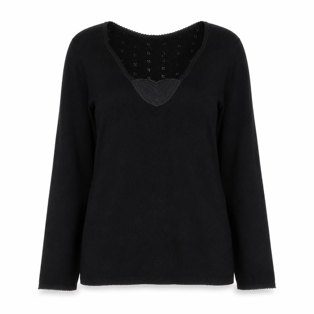 Front view of Brettles Women's Black Thermal Viscose Blend V-Neck Jumper, size L