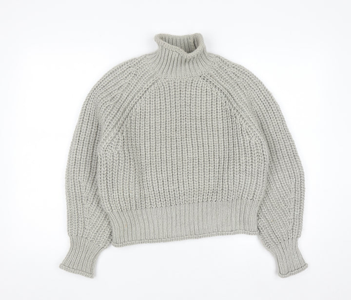 H&M Women Grey Chunky Knit Roll Neck Wool Blend Jumper Size 8