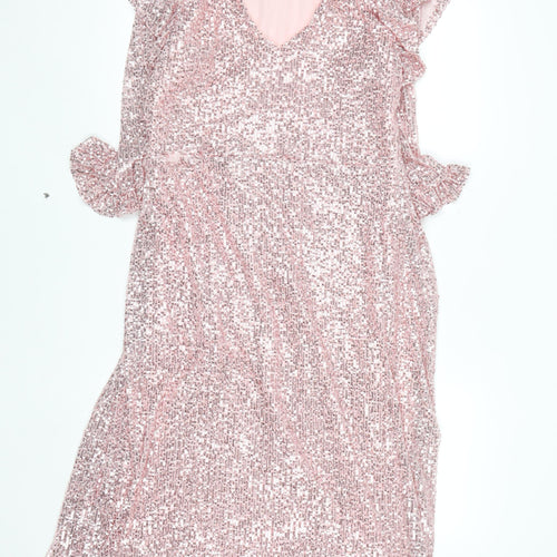 Savida Women’s Pink Sequin Fit & Flare Dress Size 16 Party V-Neck