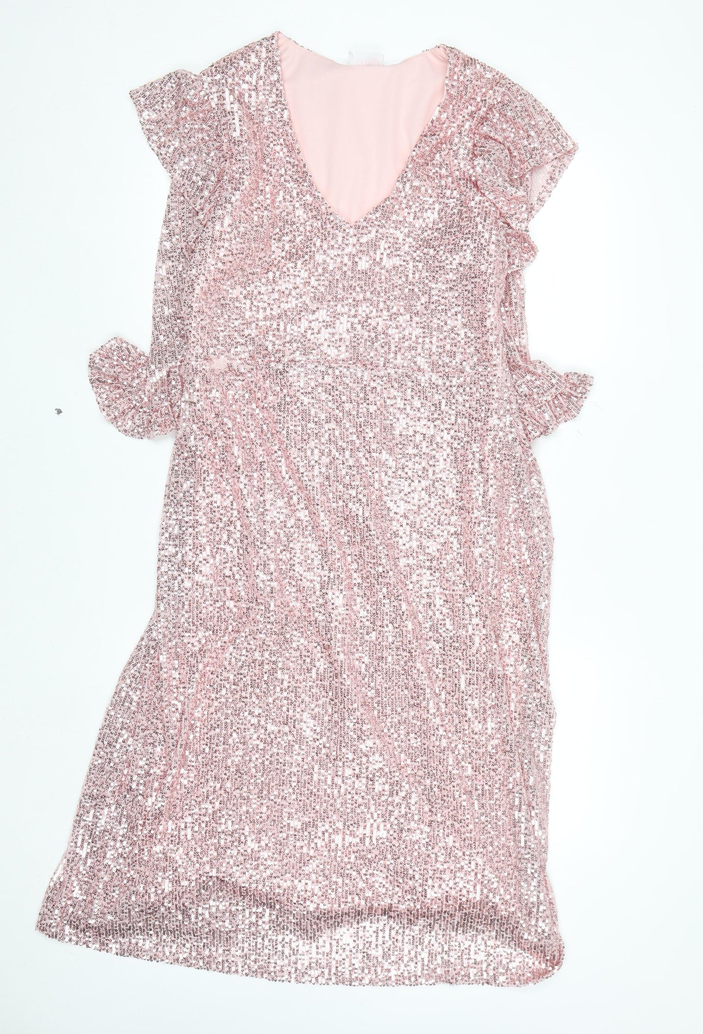 Savida Women’s Pink Sequin Fit & Flare Dress Size 16 Party V-Neck