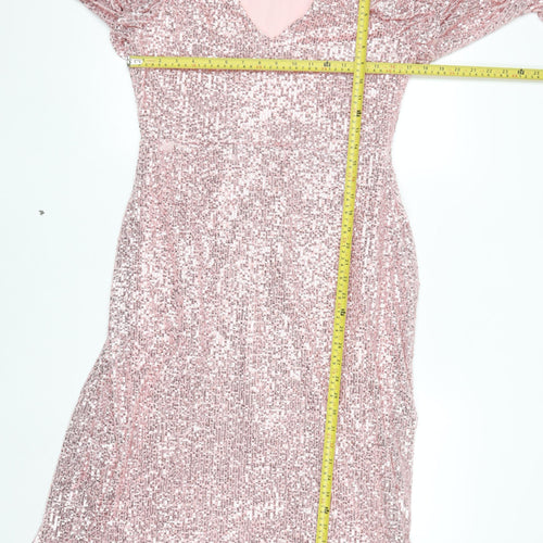 Savida Women’s Pink Sequin Fit & Flare Dress Size 16 Party V-Neck