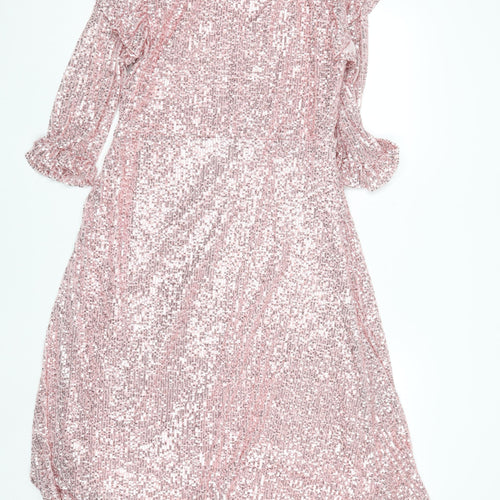 Savida Women’s Pink Sequin Fit & Flare Dress Size 16 Party V-Neck