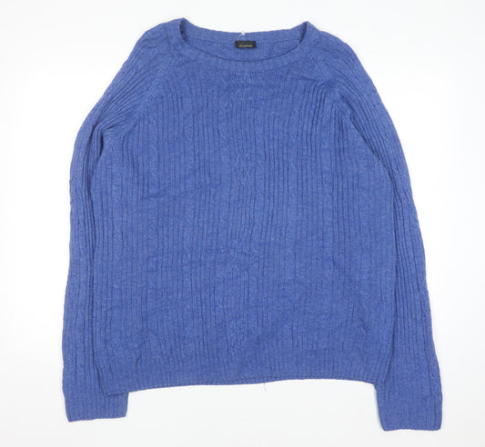 Academy Men's Blue Wool Blend Cable-Knit Crew Neck Jumper L