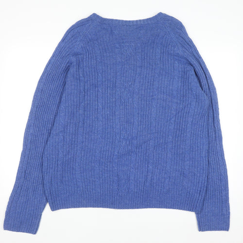 Academy Men's Blue Wool Blend Cable-Knit Crew Neck Jumper L