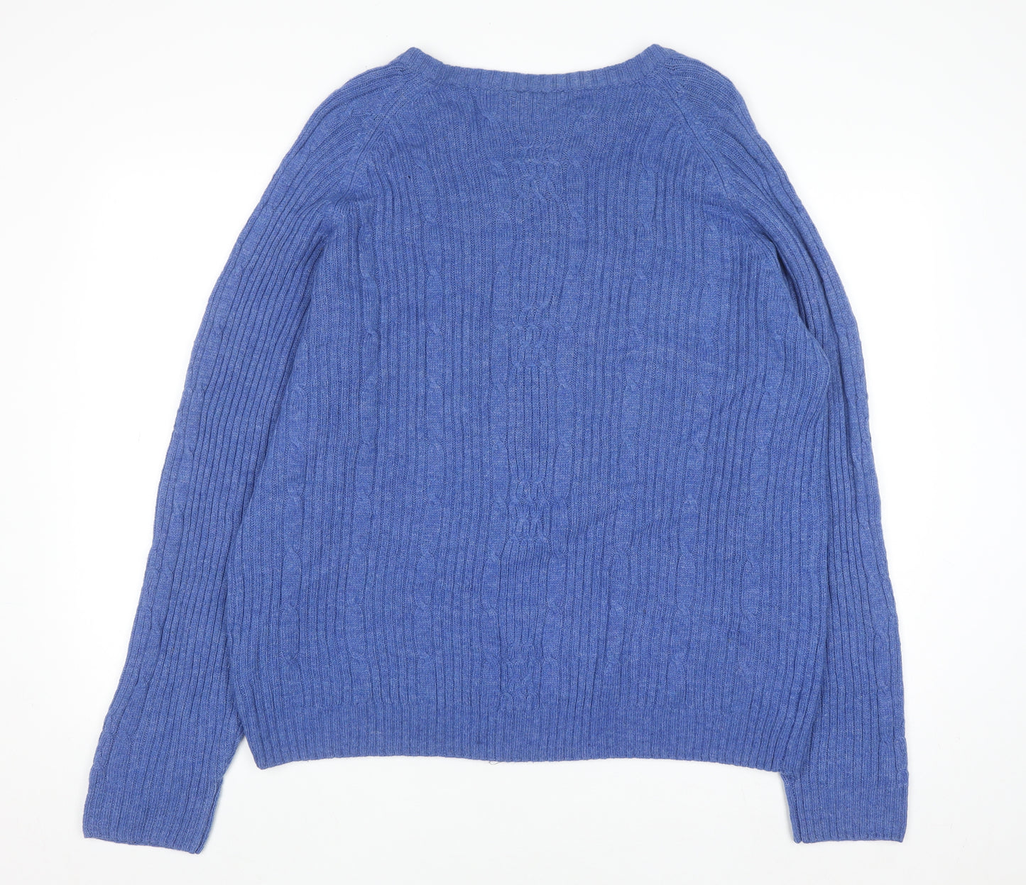 Academy Men's Blue Wool Blend Cable-Knit Crew Neck Jumper L
