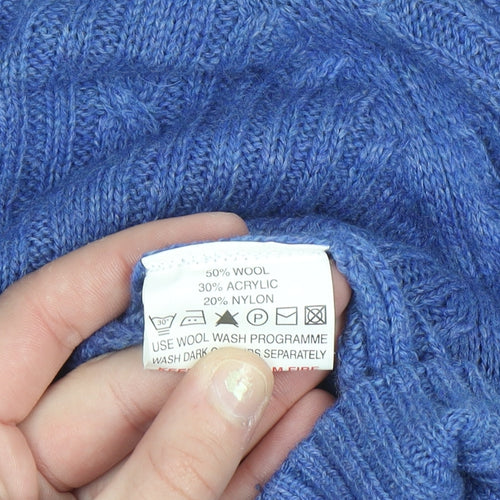 Academy Men's Blue Wool Blend Cable-Knit Crew Neck Jumper L