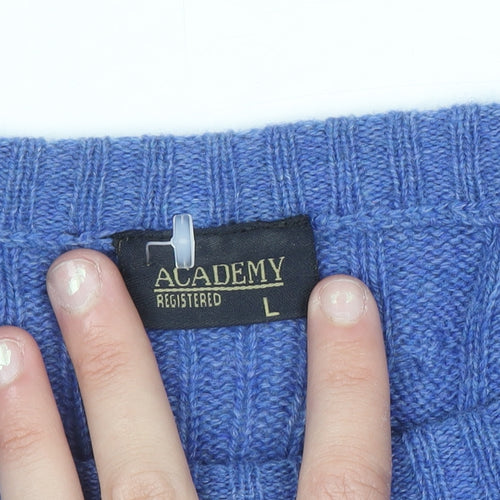Academy Men's Blue Wool Blend Cable-Knit Crew Neck Jumper L