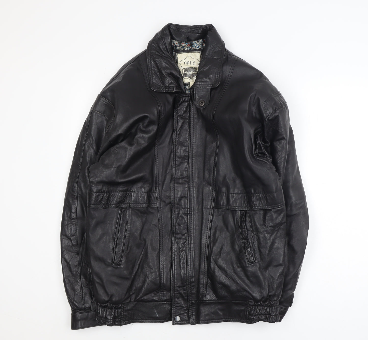 Opus Men's Black Leather Bomber Jacket M Classic Lined