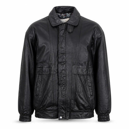 Front view of OPUS Men's Black Leather Bomber Jacket M Classic Lined