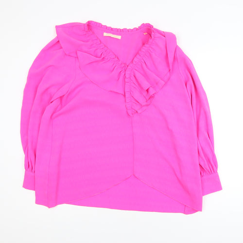 Maraislise Women's Pink Ruffle V-Neck Long Sleeve Blouse Size S