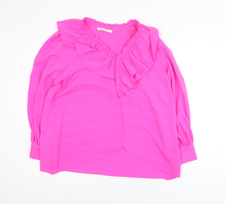 Maraislise Women's Pink Ruffle V-Neck Long Sleeve Blouse Size S
