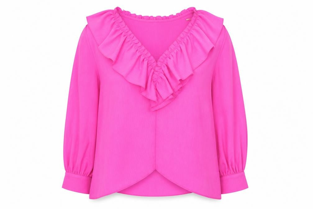 Front view of Maraislise Women's Pink Ruffle V-Neck Long Sleeve Blouse, size S
