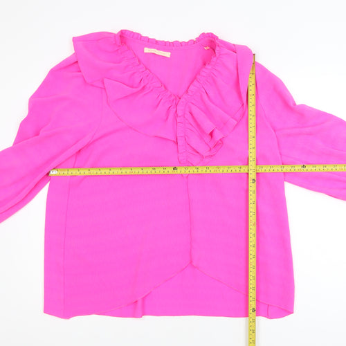 Maraislise Women's Pink Ruffle V-Neck Long Sleeve Blouse Size S