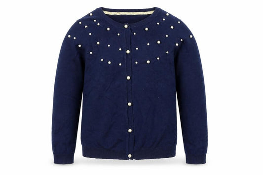 Front view of Primark girls’ navy blue pearl button cardigan 7-8 years viscose blend