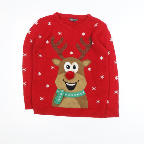 Primark Girls Red Christmas Reindeer Jumper 11-12 Years Acrylic Knit