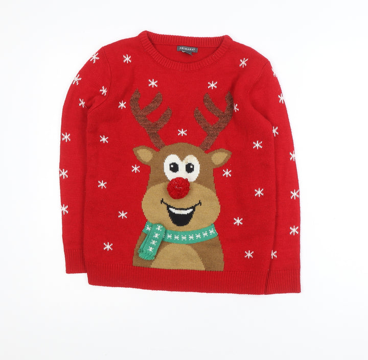 Primark Girls Red Christmas Reindeer Jumper 11-12 Years Acrylic Knit