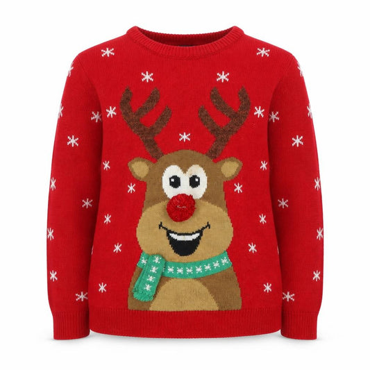Front view of Primark girls’ red christmas reindeer jumper 11-12 years acrylic knit