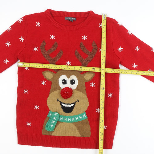 Primark Girls Red Christmas Reindeer Jumper 11-12 Years Acrylic Knit