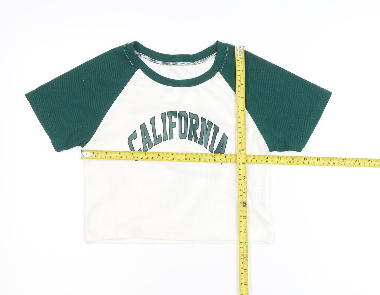 DAZY Women’s White Green Cropped California Raglan T-Shirt Size S
