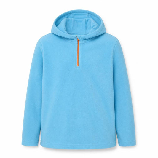 Front view of Mountain Warehouse boys’ blue fleece 1/4 zip hooded jacket 11-12 years