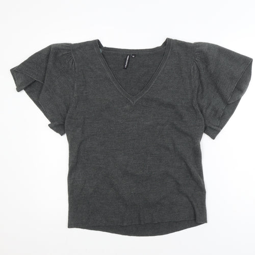 Fashion Essentials Womens Grey Knit V-Neck Short Sleeve Blouse Size 16