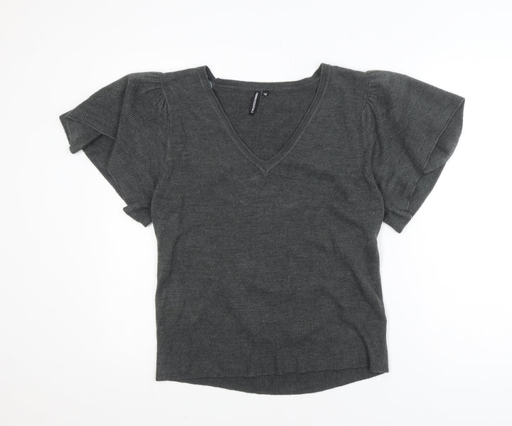 Fashion Essentials Womens Grey Knit V-Neck Short Sleeve Blouse Size 16