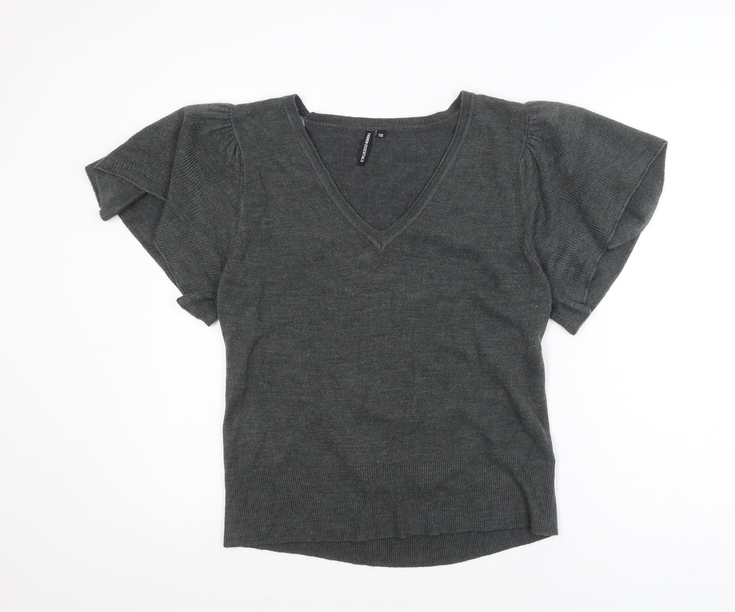 Fashion Essentials Womens Grey Knit V-Neck Short Sleeve Blouse Size 16