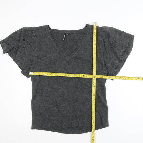 Fashion Essentials Womens Grey Knit V-Neck Short Sleeve Blouse Size 16
