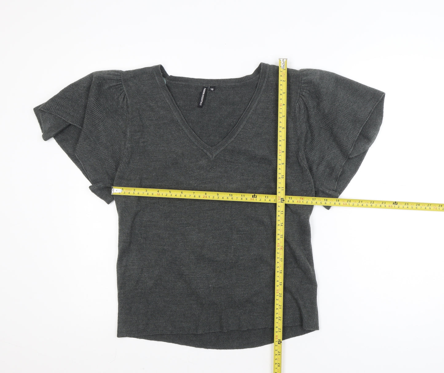 Fashion Essentials Womens Grey Knit V-Neck Short Sleeve Blouse Size 16