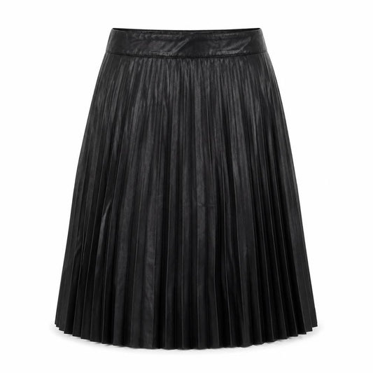 Front view of Vetiver Women Black Faux Leather Pleated Midi Skirt XL
