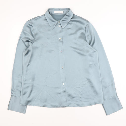 MNG Women's Blue Satin Button-Up Long Sleeve Shirt Size 14
