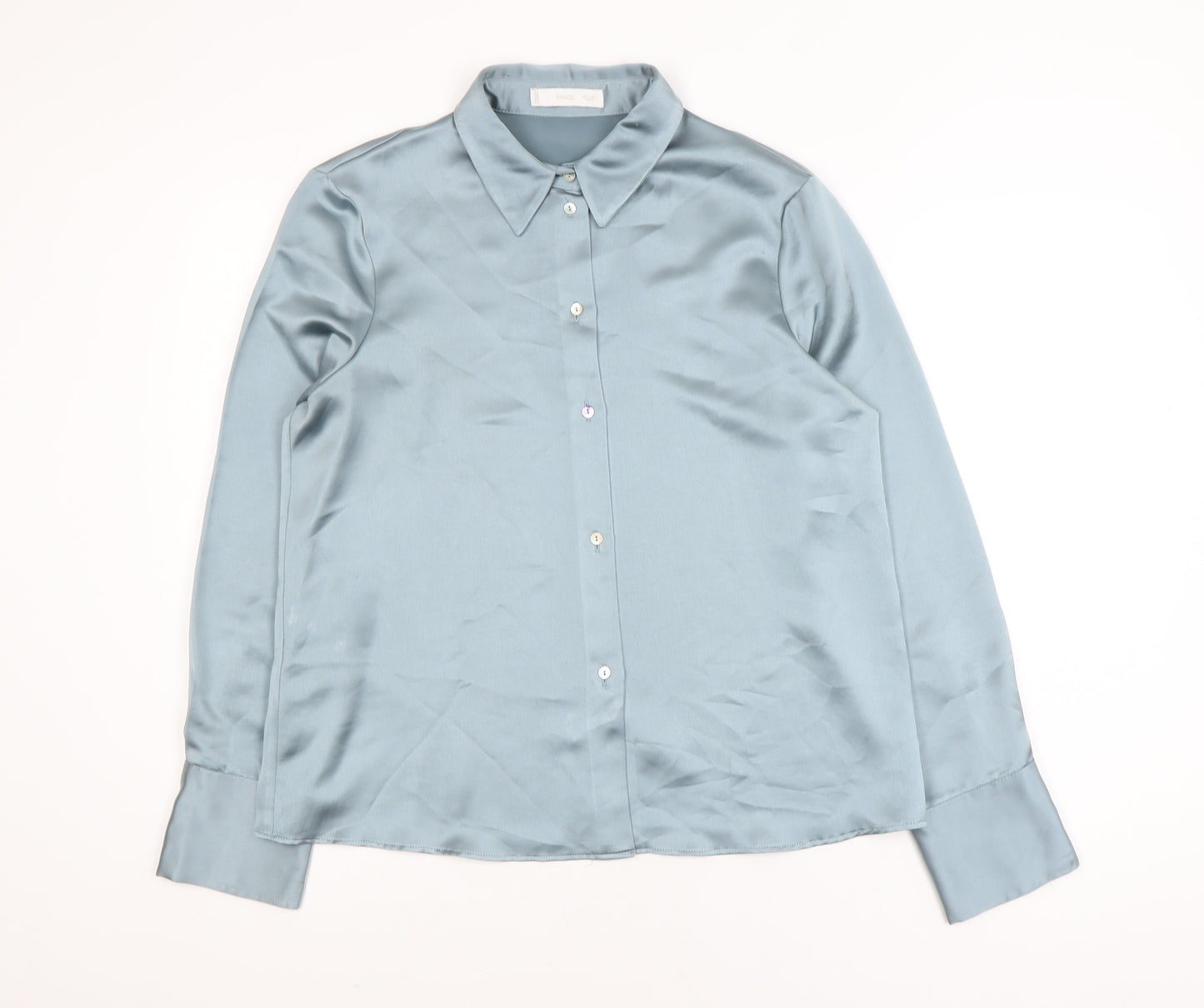 MNG Women's Blue Satin Button-Up Long Sleeve Shirt Size 14