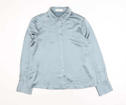 MNG Women's Blue Satin Button-Up Long Sleeve Shirt Size 14